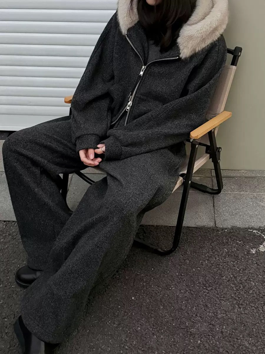 Fur-Collar Sweatshirt Jacket and Wide-Leg Pants Set - Luxe Casual Ensemble