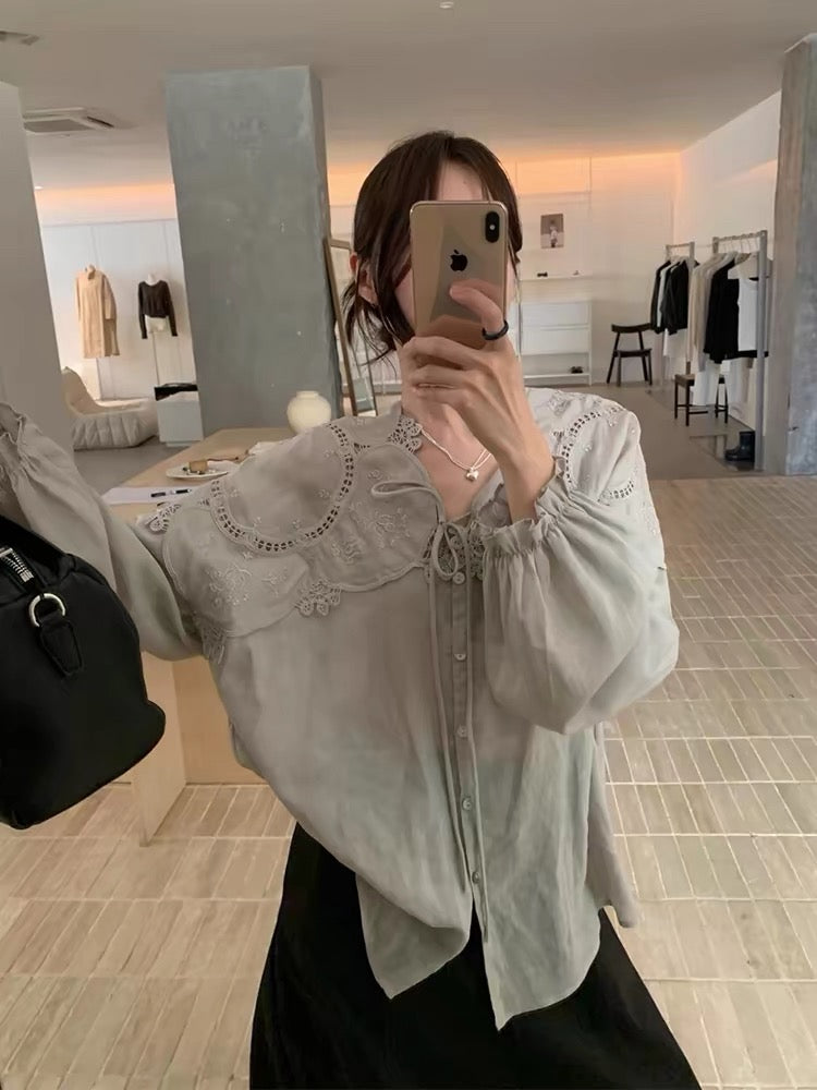 Hollow-Out Floral Lace Patchwork Shirt