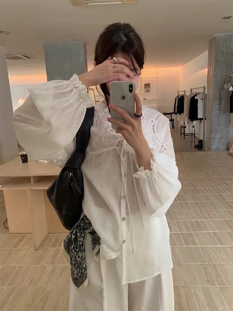 Hollow-Out Floral Lace Patchwork Shirt - PAINEVIDA