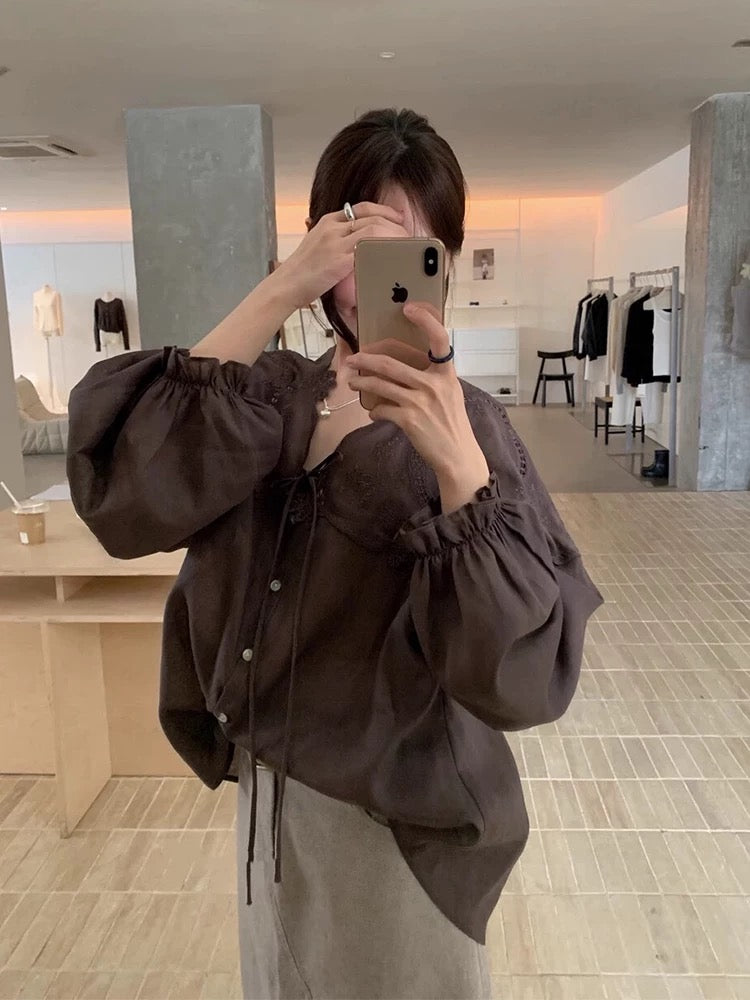 Hollow-Out Floral Lace Patchwork Shirt