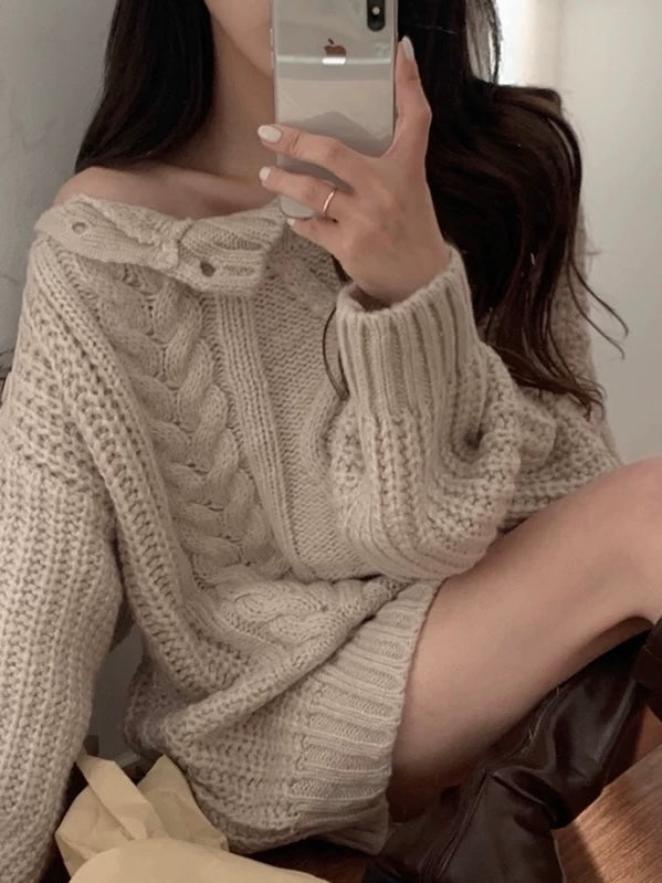 Button Cable Knit Long Sleeve Sweater