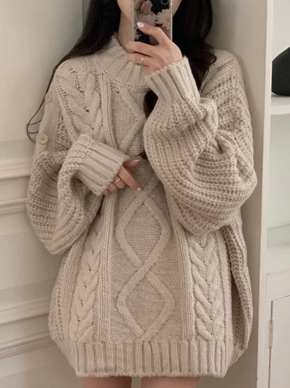 Button Cable Knit Long Sleeve Sweater