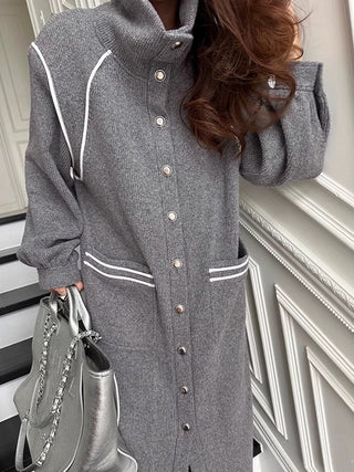 High Neck Single Breasted Double Pocket Long Sleeve Dress