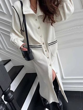 High Neck Single Breasted Double Pocket Long Sleeve Dress