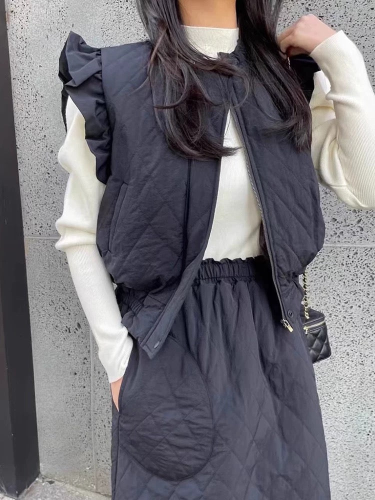 Diamond Checkered Ruffled Vest Jacket + Skirt