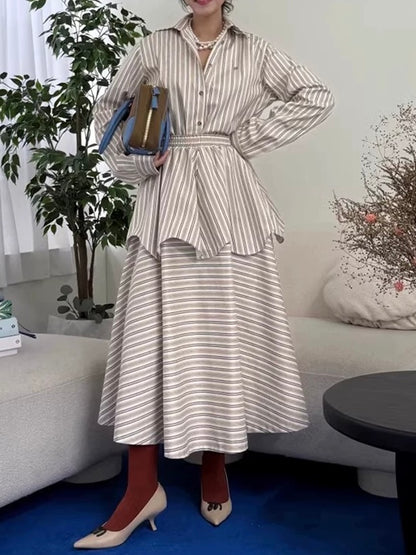 Retro Striped Shirt + High Waist Skirt Two-Piece Set