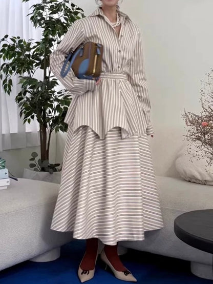 Retro Striped Shirt + High Waist Skirt Two-Piece Set