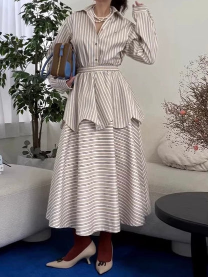 Retro Striped Shirt + High Waist Skirt Two-Piece Set