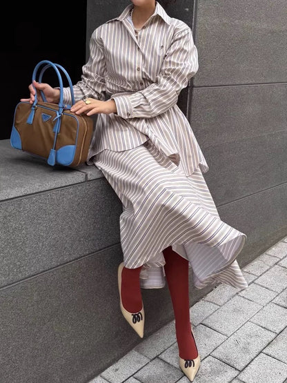 Retro Striped Shirt + High Waist Skirt Two-Piece Set