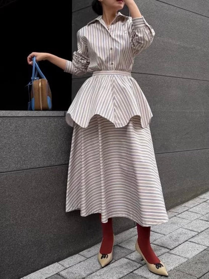 Retro Striped Shirt + High Waist Skirt Two-Piece Set