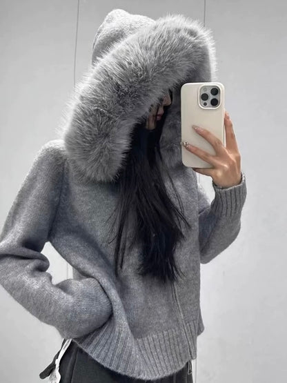 Long-Sleeved Fur Collar Hooded Knitted Sweater Coat