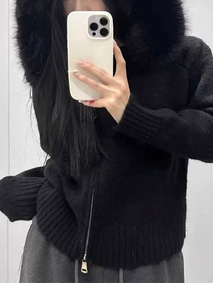 Long-Sleeved Fur Collar Hooded Knitted Sweater Coat