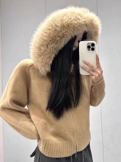 Long-Sleeved Fur Collar Hooded Knitted Sweater Coat