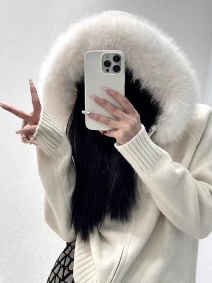 Long-Sleeved Fur Collar Hooded Knitted Sweater Coat