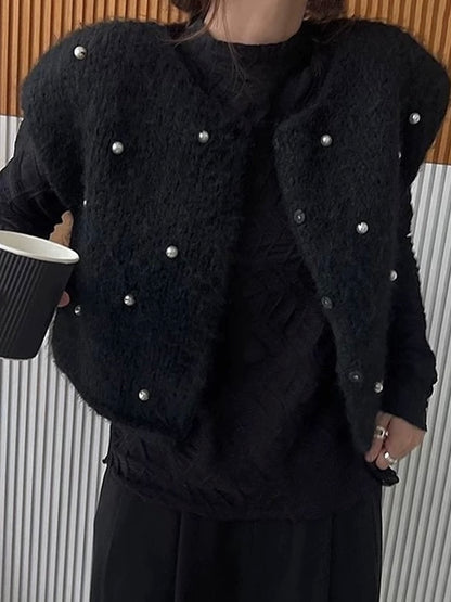 Round Neck Heavy Beaded Knitted Vest Jacket