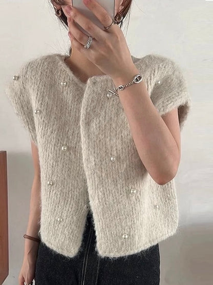 Round Neck Heavy Beaded Knitted Vest Jacket