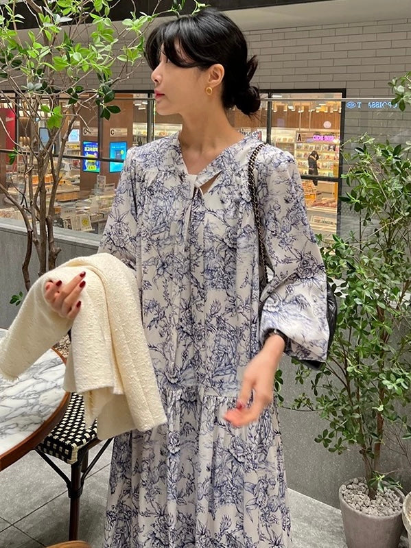 Elegant Printed Tie neckline Floral Long Dress