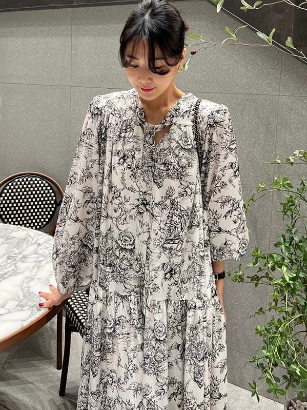 Elegant Printed Tie neckline Floral Long Dress