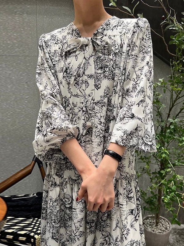 Elegant Printed Tie neckline Floral Long Dress