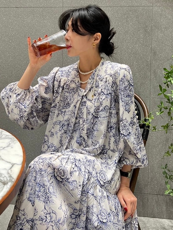 Elegant Printed Tie neckline Floral Long Dress