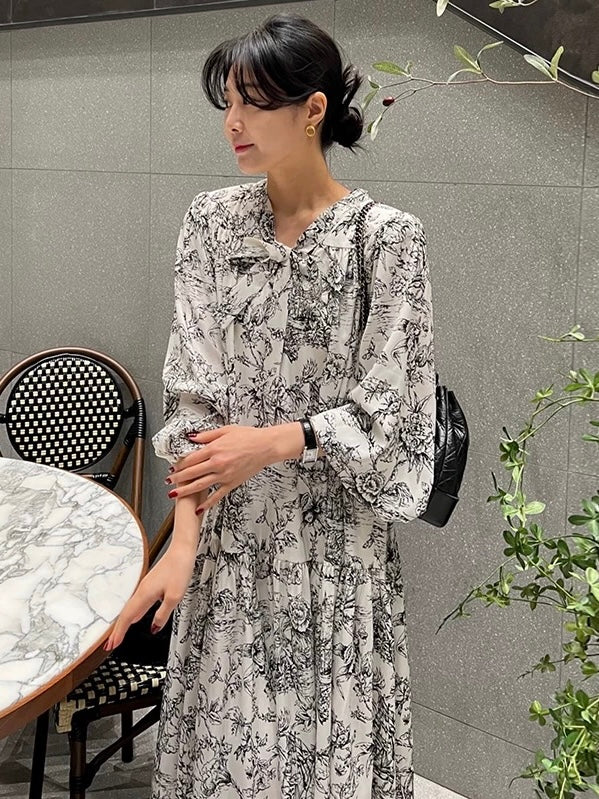 Elegant Printed Tie neckline Floral Long Dress