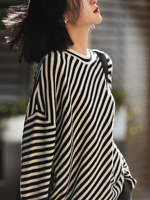 Slanted Black White Striped Loose Sweater by painevida