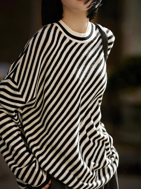 Slanted Black White Striped Loose Sweater