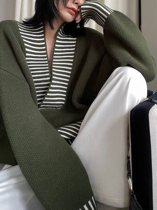 Loose Green Stripped V-neck Sweater by painevida