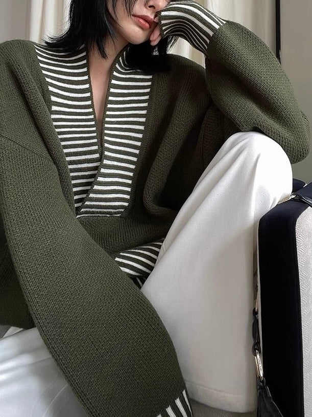 Loose Green Stripped V-neck Sweater