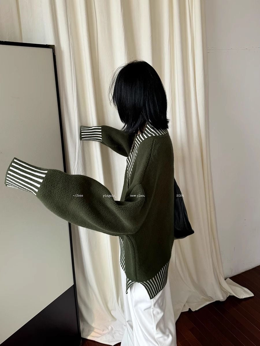 Loose Green Stripped V-neck Sweater