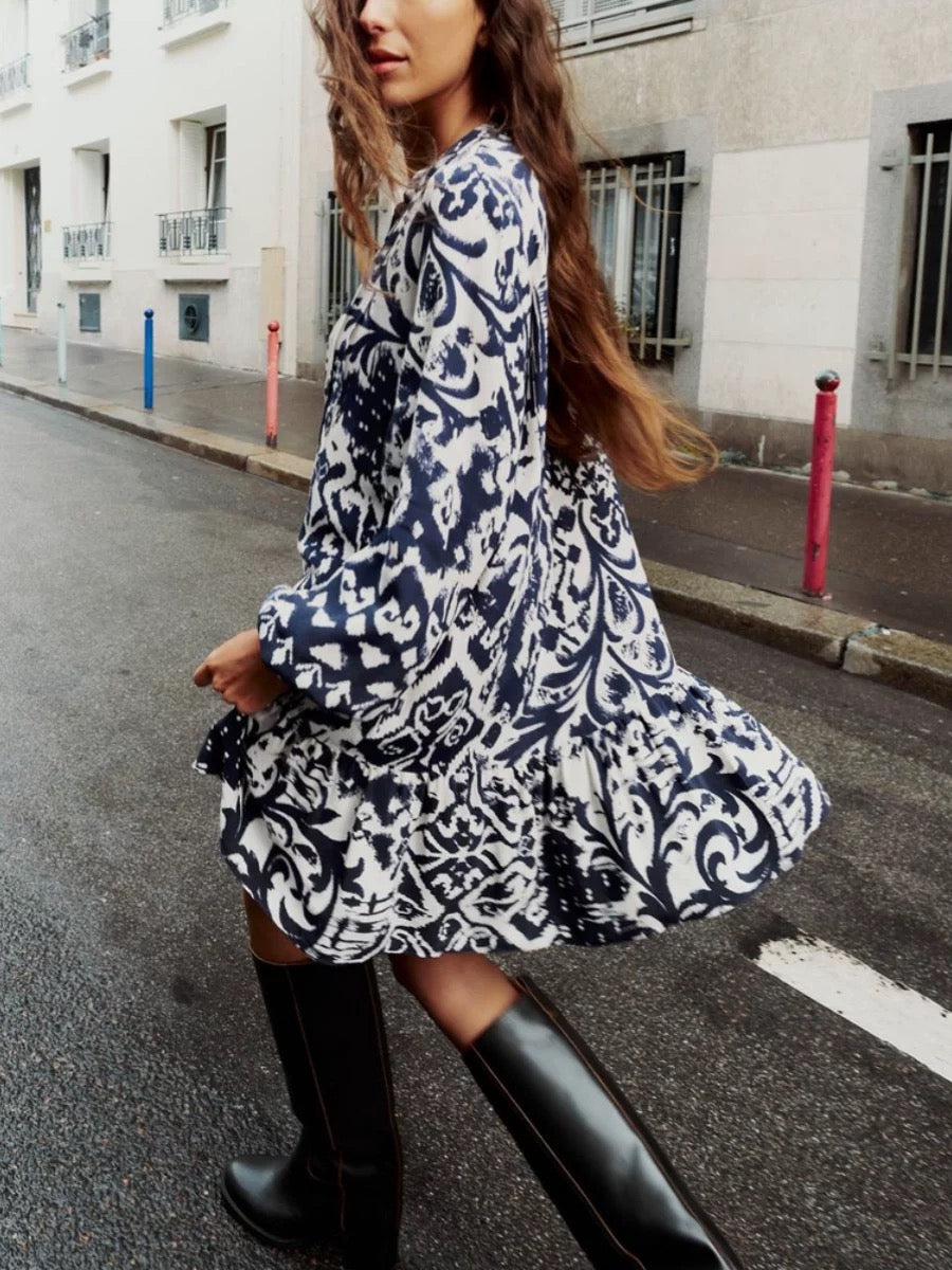 Balloon Sleeve Printed Mini Dress