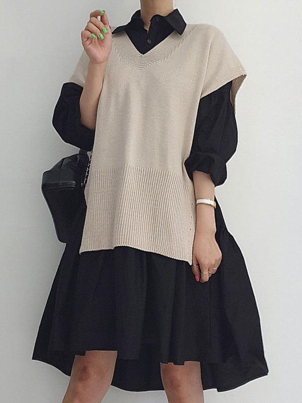 Split Knit Vest + Lapel Long Sleeve Shirt Dress by painevida