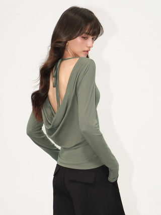 Black long-sleeve top shown from front and back with deep draped open back and ties