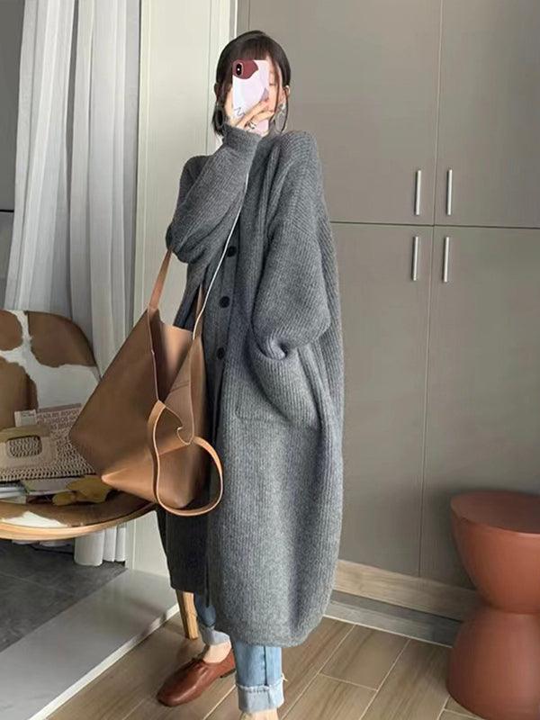 Solid Color Coat Mid Length Turtleneck Cardigan Sweater