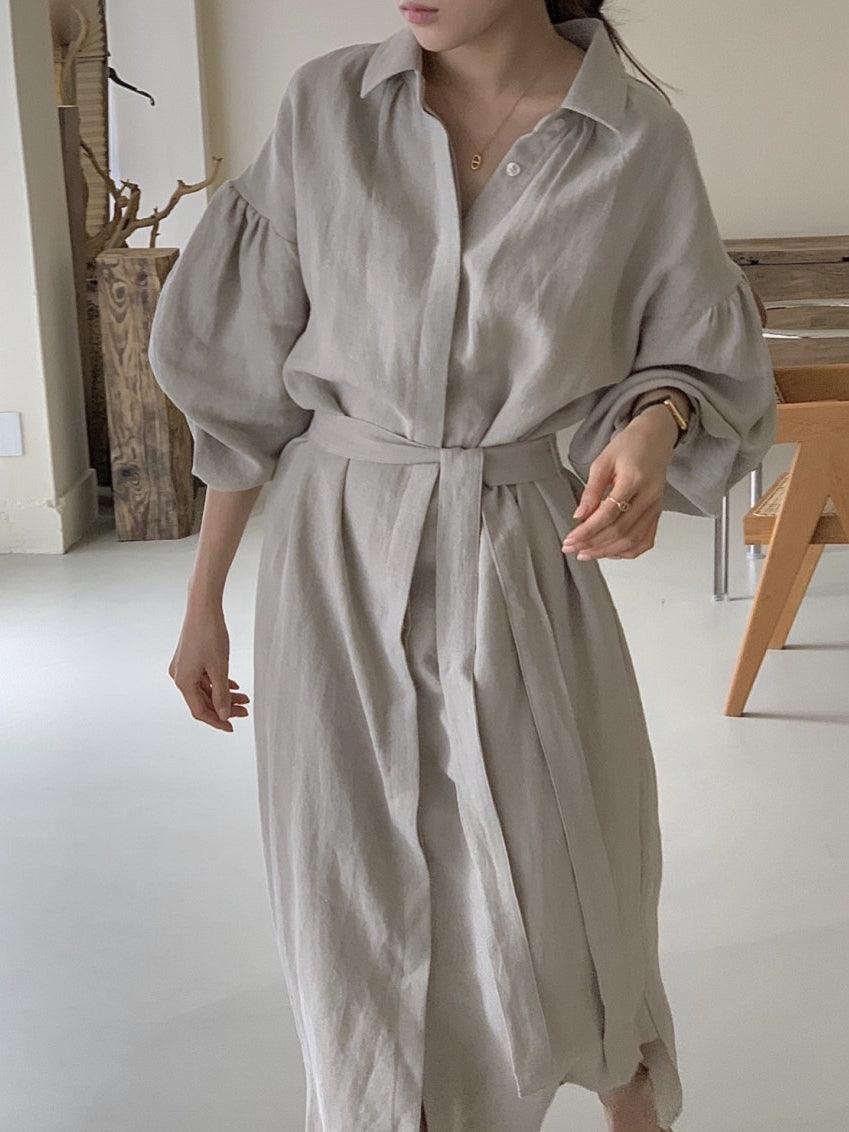 Lapel Loose Balloon Sleeve Shirt Dress by painevida