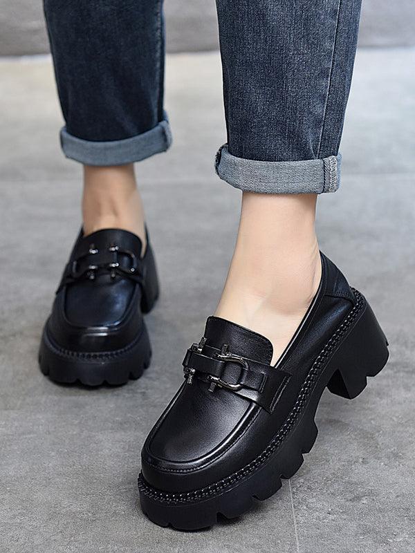 Vintage Black&Brown Solid Color Loafers Platform Shoes by painevida