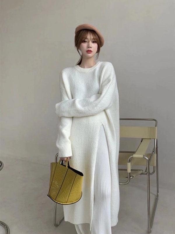 Side Slit Knitted Sweater Dress - Loose Midi Length Lapel Dress | PAINEVIDA Side Slit Knitted Sweater Dress - Loose Midi Length Lapel Dress | PAINEVIDA