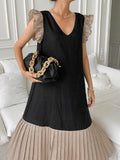 V-Neck Contrast Panel Pleated Dress
