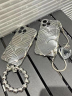 Bright Silver Heart Mirror Hand Chain Phone Case