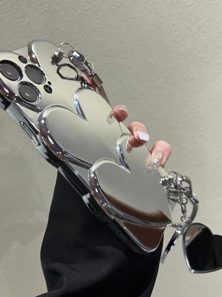 Bright Silver Heart Mirror Hand Chain Phone Case