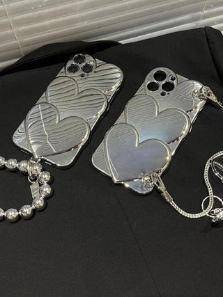 Bright Silver Heart Mirror Hand Chain Phone Case