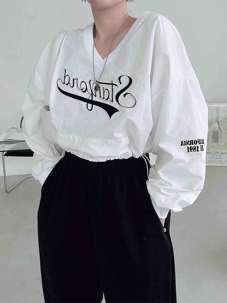 V-neck Embroidered Long-Sleeved Sweatshirt
