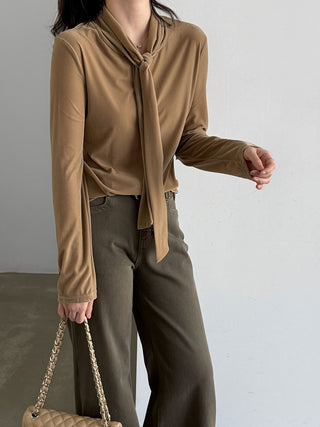 Camel long-sleeve top with scarf-style neckline, shown with a skirt; skirt is not included.