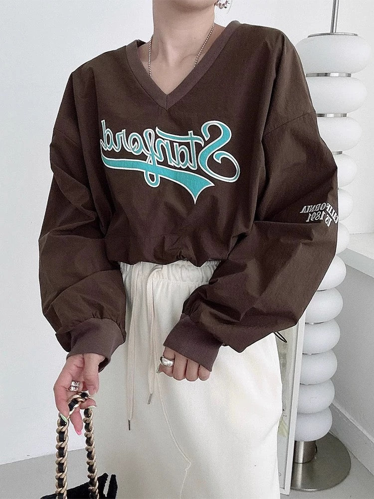 V-neck Embroidered Long-Sleeved Sweatshirt