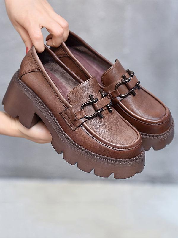 Vintage Black&Brown Solid Color Loafers Platform Shoes