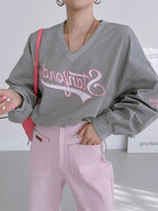 V-neck Embroidered Long-Sleeved Sweatshirt