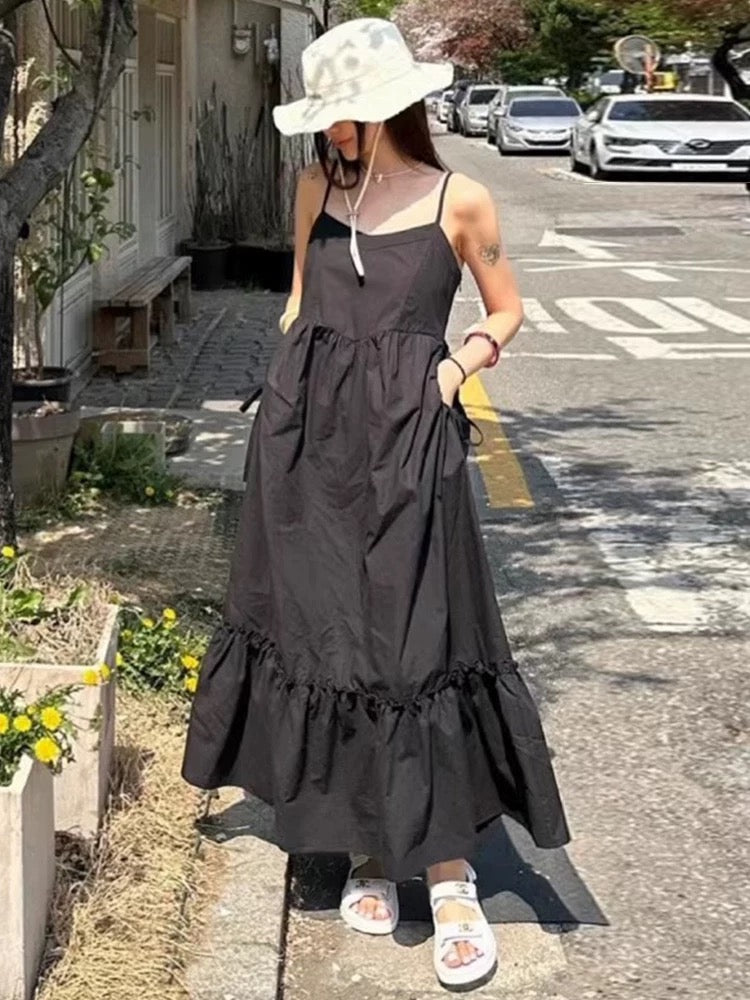 Paneled Ruffled Suspender Dress