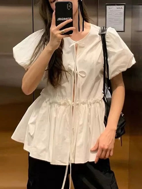 Round Neck Tie Stitching Ruffled Puff Sleeve Shirt by painevida