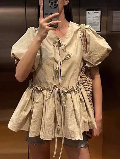 Round Neck Tie Stitching Ruffled Puff Sleeve Shirt by painevida