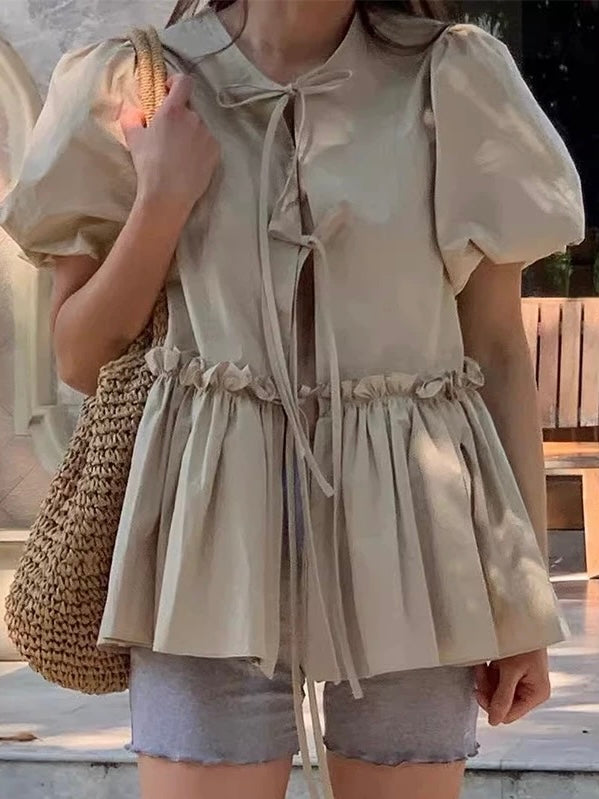 Round Neck Tie Stitching Ruffled Puff Sleeve Shirt by painevida